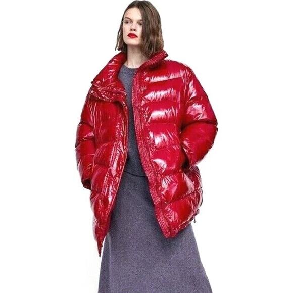 ZARA Oversized Puffer Glossy Shiny Jacket Coat Red Vogue Runway Sz M - Picture 3 of 9